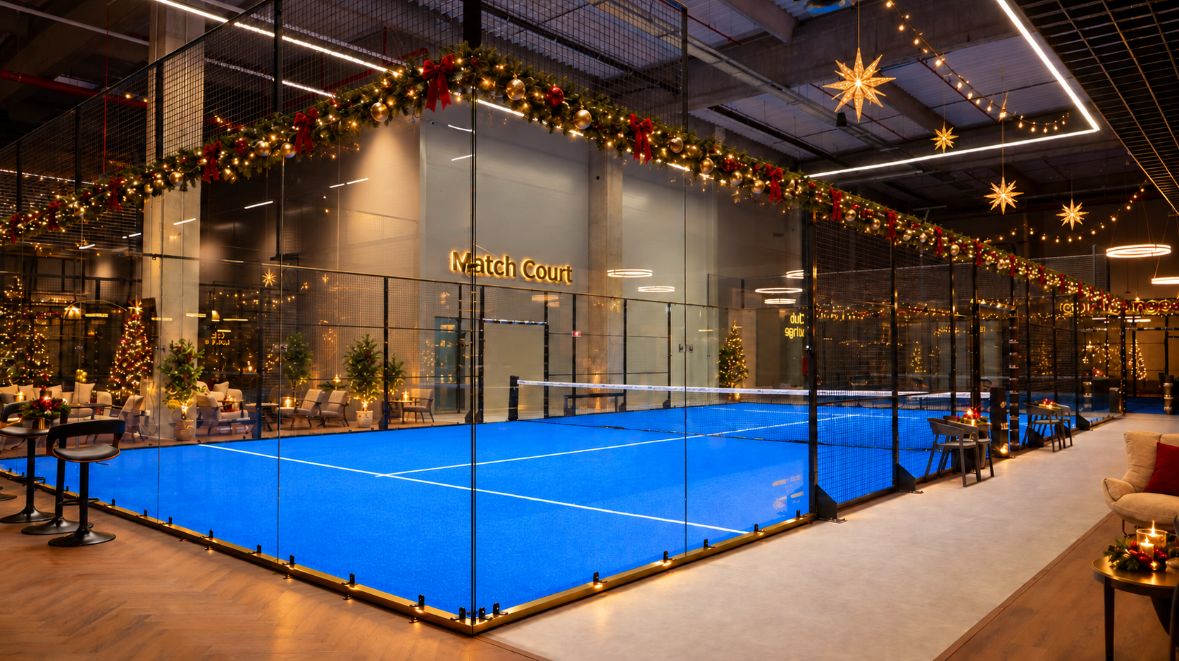 Terenul de padel IN7, decorat cu lumini și ghirlande de Crăciun